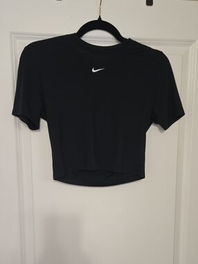 Nike Black Cropped Swoosh Fitted Tee with White Logo
